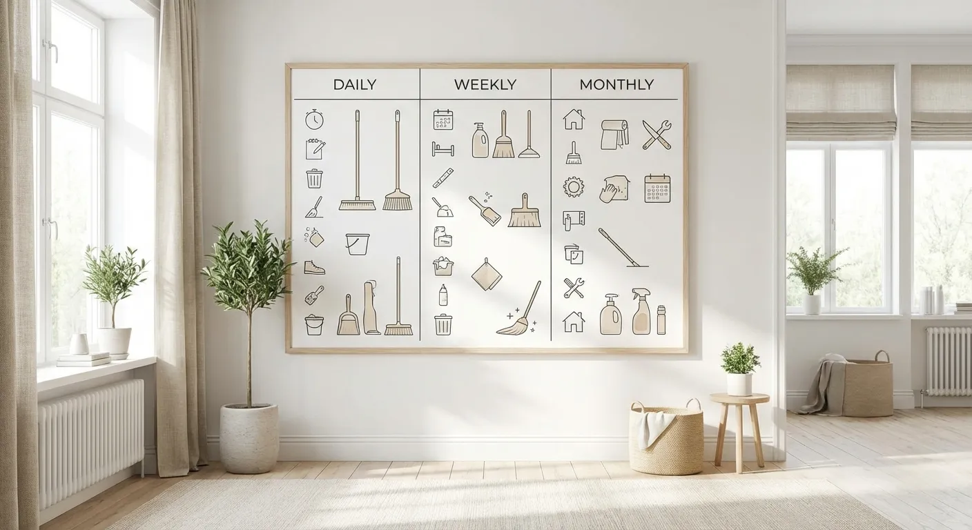 Städschema för hemmet: dagliga, veckovisa och månatliga stäruppgifter i tabellformat