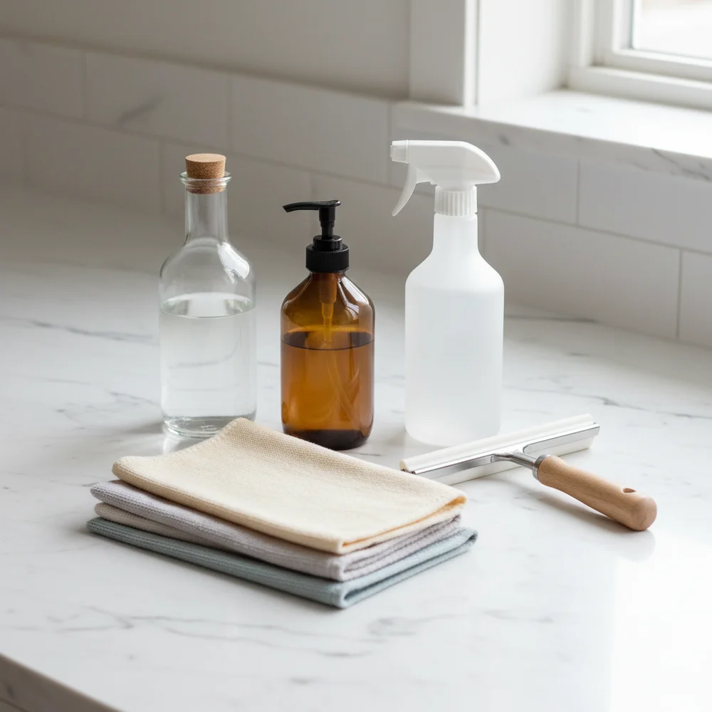 Ingredienser för hemmagjord fönsterputs: ättika, diskmedel, sprayflaska och mikrofibertrasor