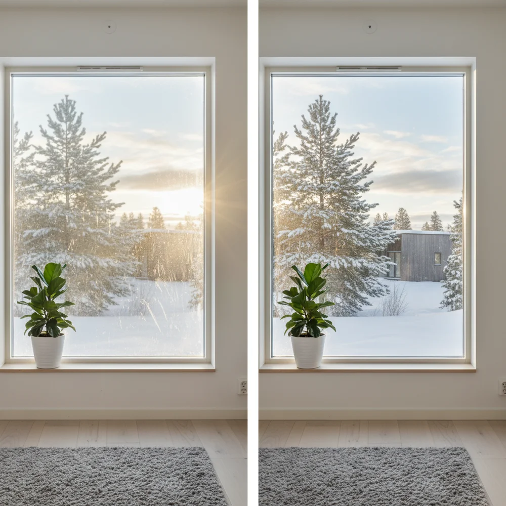 Jämförelse före och efter fönsterputsning med hemmagjord fönsterputs
