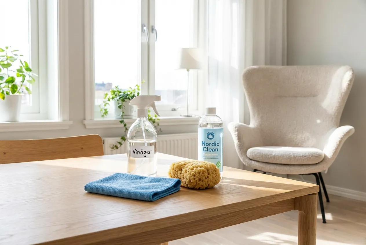 Hemma-fix: sprayflaska med ättikalösning, mikrofibertrasor och svamp för fönsterputsning