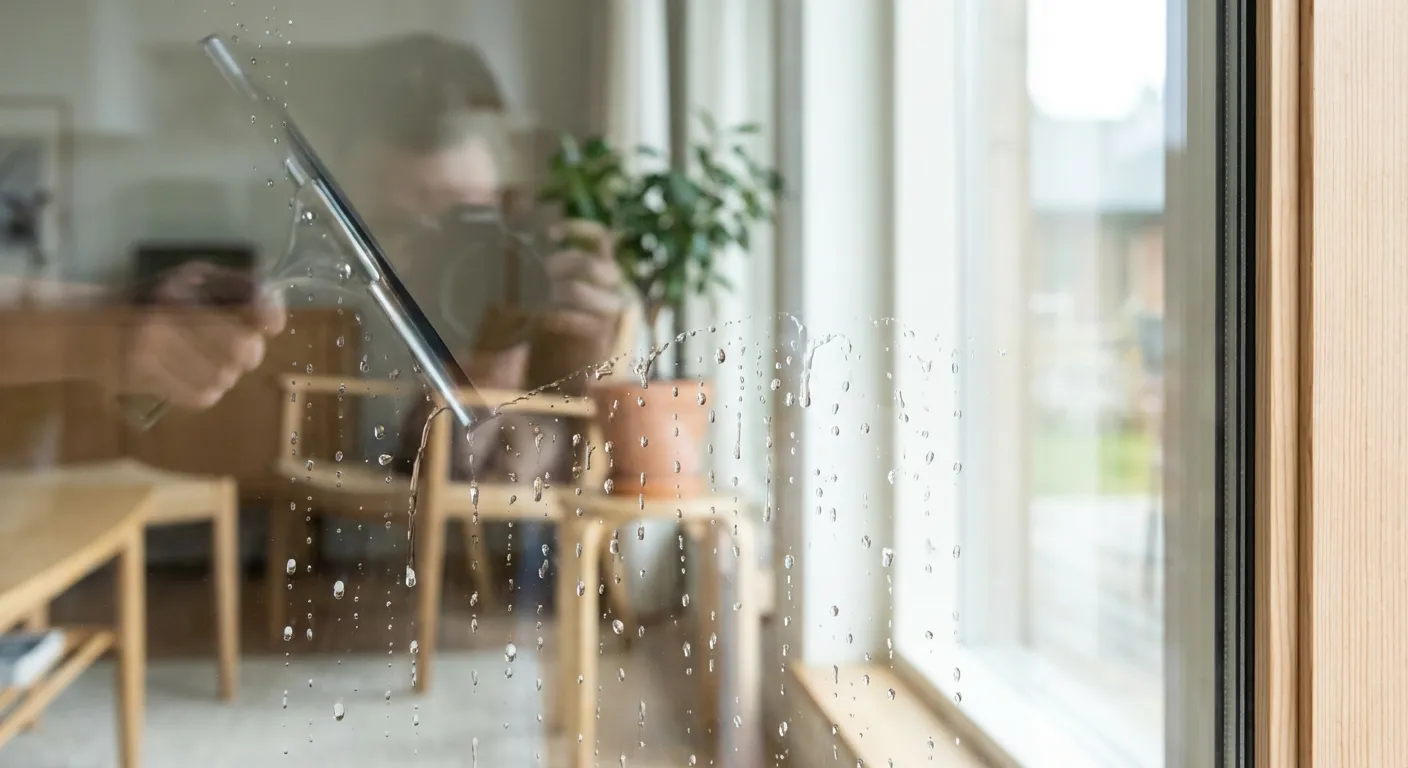 Kristallklara fönster med vattendroppar i solljus