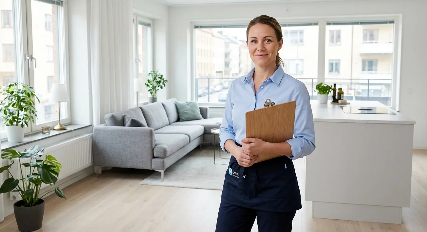 Professionell städare med checklista i modern lägenhet