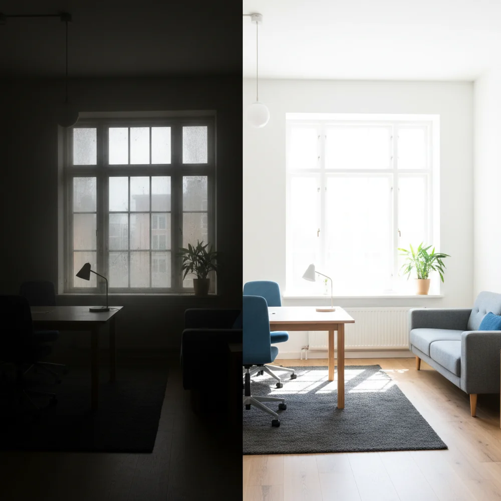 Före och efter bild av kontorsfönster som visar dramatisk skillnad i ljusinsläpp