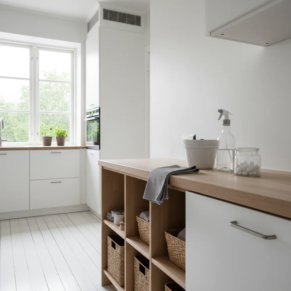 Checklista för städning av olika rum i hemmet med penna och papper