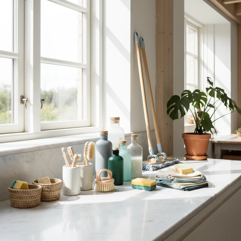 Professionell städare som städar ett hem med moderna städverktyg
