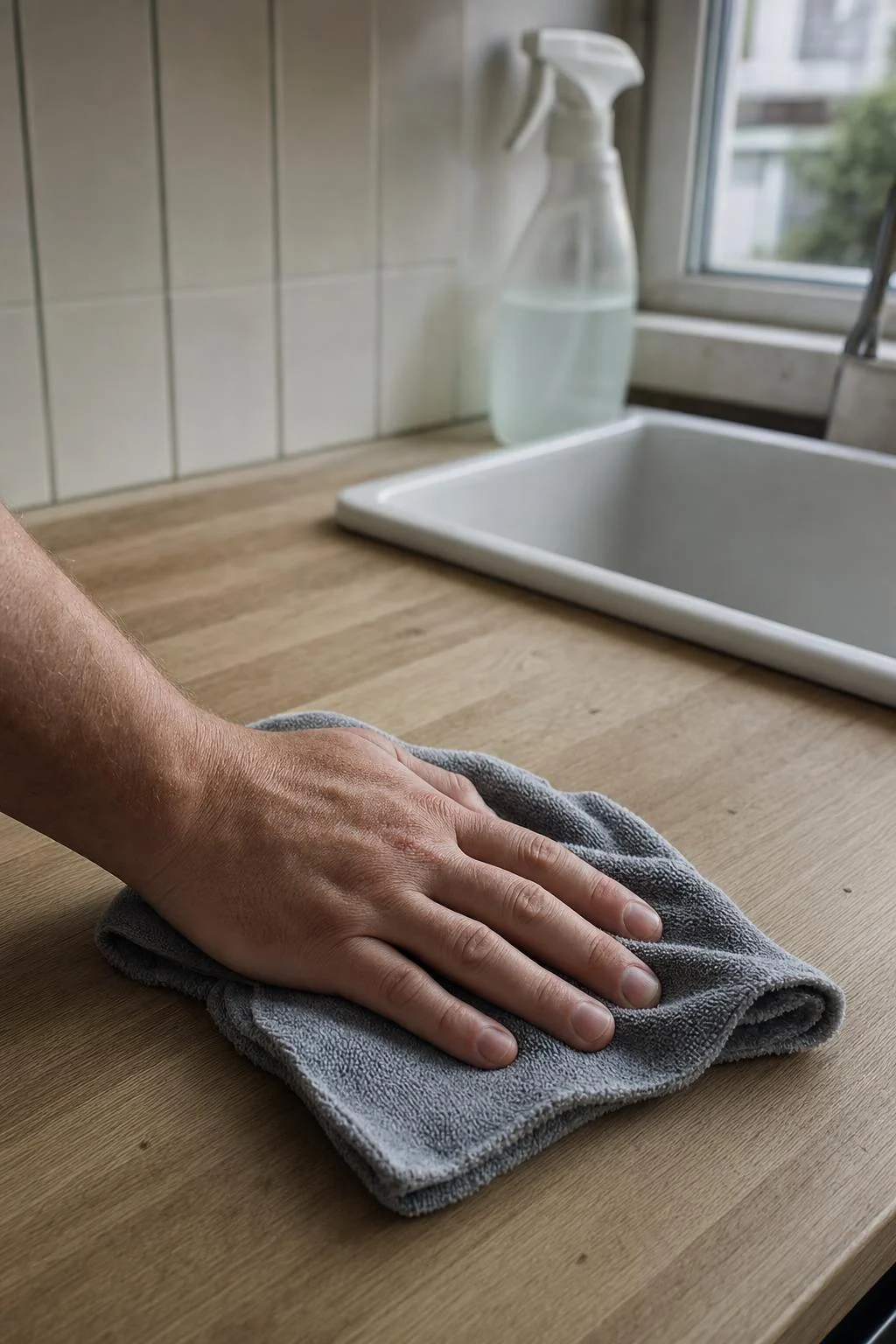 Hand som torkar en träbänkskiva med en grå trasa i ett kök