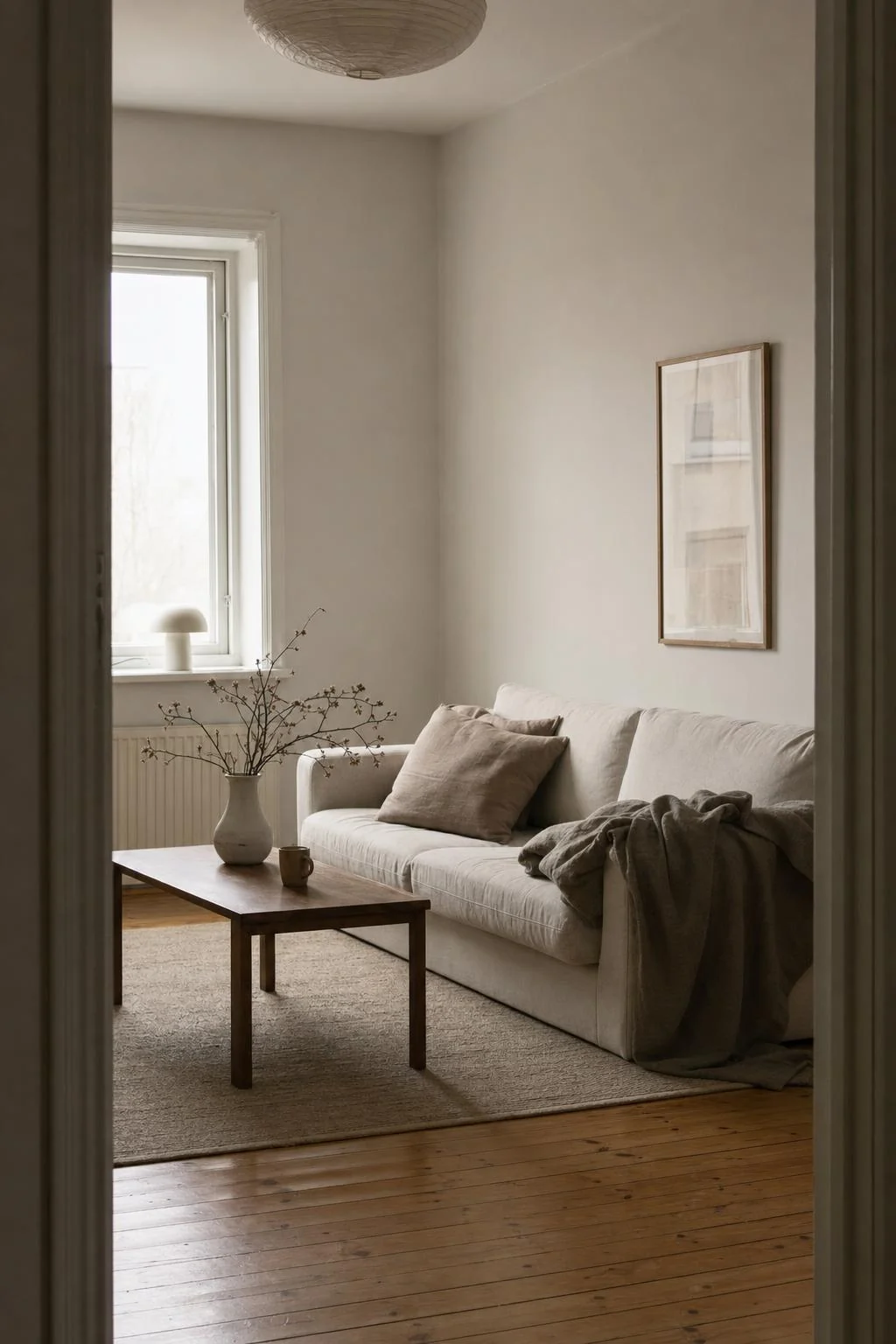 Ljust vardagsrum med soffa, soffbord och stora fönster
