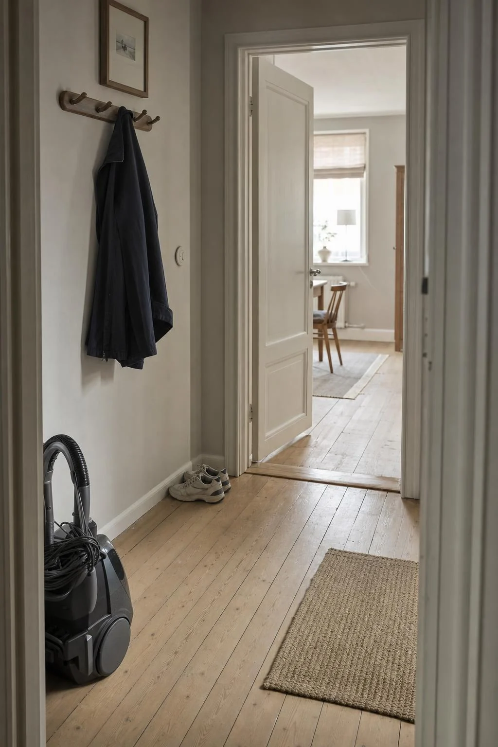 Ordnad hall med dammsugare, skor och öppna dörrar