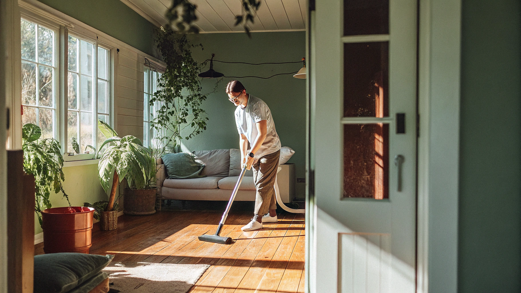 Professionell hemstädning i Nynäshamn - städare dammsuger vardagsrum